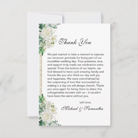 Elegant White Rose und Lilies Wedding Dankeskarte (Vorderseite)