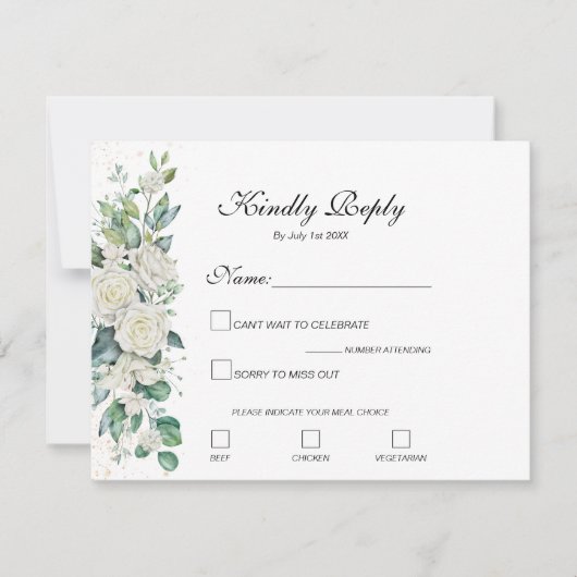 Elegant White Rose und Lilies Wedding RSVP Karte (Vorderseite)