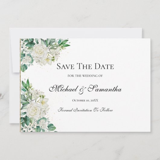 Elegant White Rose und Lilies Wedding Save The Date (Vorderseite)