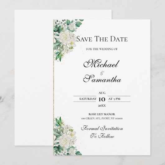 Elegant White Rose und Lilies Wedding Save The Date (Vorne/Hinten)