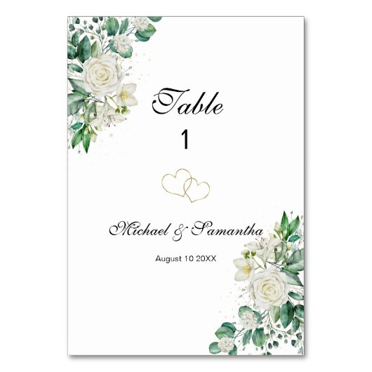 Elegant White Rose und Lilies Wedding Tischnummer (Vorderseite)