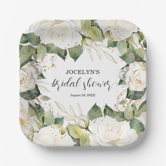 Elegant White Roses Bridal Shower Square Pappteller (Vorderseite)