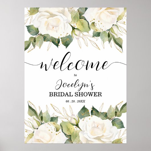 Elegant White Roses Bridal Shower Welcome Poster (Vorne)