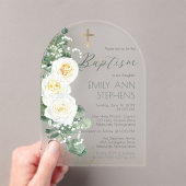 Elegant White Roses Eucalyptus Floral Girl Taufe Acryleinladungen (Insitu (Handheld))