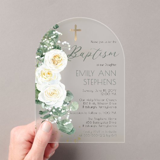 Elegant White Roses Eucalyptus Floral Girl Taufe Acryleinladungen (Insitu (Handheld))