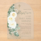 Elegant White Roses Eucalyptus Floral Girl Taufe Acryleinladungen (Vorderseite)