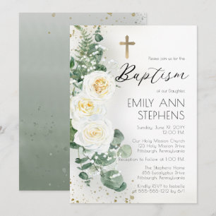 Elegant White Roses Eucalyptus Floral Girl Taufe Einladung