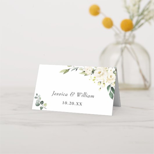 Elegant White Roses Eucalyptus Wedding Platzkarte (Rückseite)