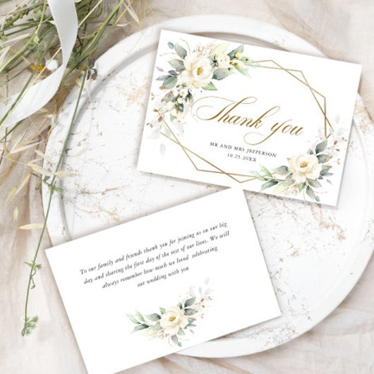 Elegant White Roses Eucalyptus Wedding Vielen Dank Dankeskarte