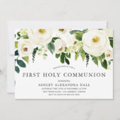 Elegant White Roses First Holy Communion Einladung (Vorderseite)