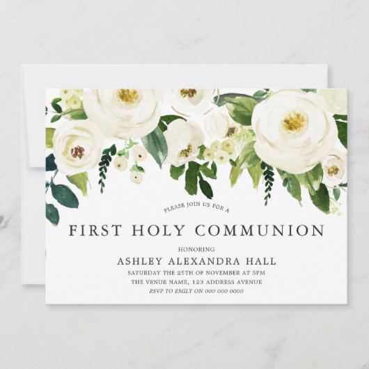 Elegant White Roses First Holy Communion Einladung (Vorderseite)