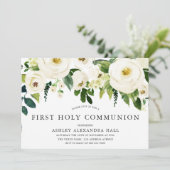 Elegant White Roses First Holy Communion Einladung (Stehend Vorderseite)