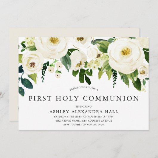 Elegant White Roses First Holy Communion Einladung (Vorne/Hinten)
