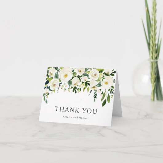 Elegant White Roses Greenerity Wedding Vielen Dank Dankeskarte (Vorderseite)