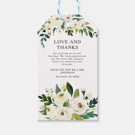 Elegant White Roses Greenerity Wedding Vielen Dank Geschenkanhänger (Vorderseite)