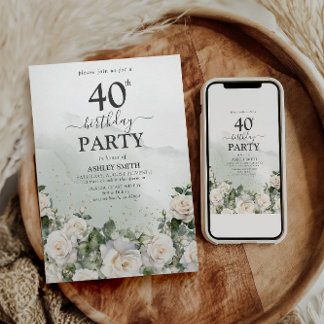 Elegant White Roses & Greenery 40. Geburtstag Einladung