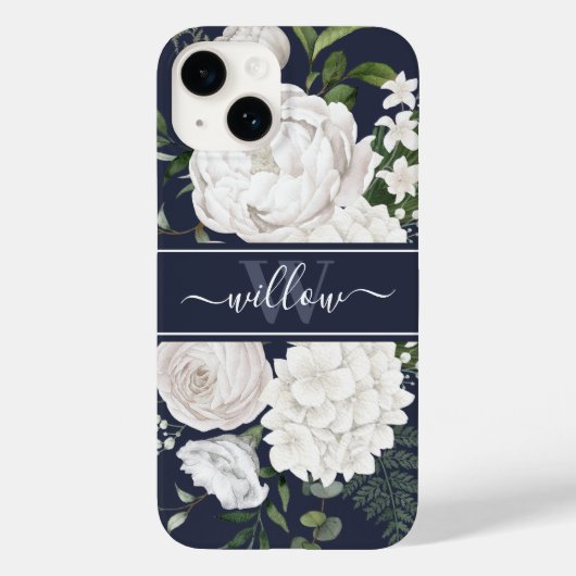 Elegant White Roses Greenery Navy Blue Monogram Case-Mate iPhone Hülle (Rückseite)