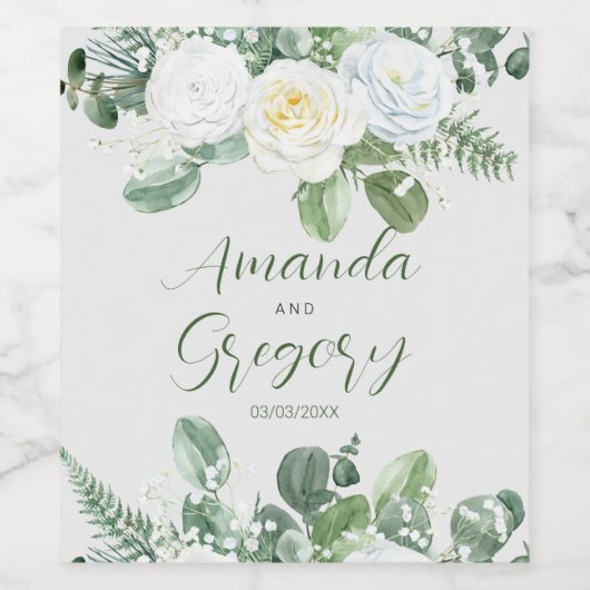 Elegant White Roses & Greenery Weinetikett (Einzelnes Label)