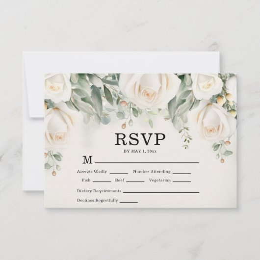 Elegant White Roses Grüne Hochzeit RSVP Karte (Vorderseite)