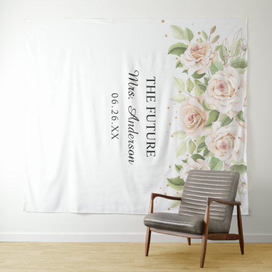 Elegant White Roses Mrs. Brautparty Backdrop Wandteppich (Beispiel (Horizontal))