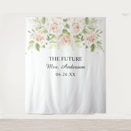 Elegant White Roses Mrs. Brautparty Backdrop Wandteppich (Vorderseite)