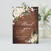Elegant White Roses Rustic Wood Lantern Dankeskarte (Stehend Vorderseite)