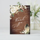 Elegant White Roses Rustic Wood Lantern Dankeskarte (Stehend Vorderseite)