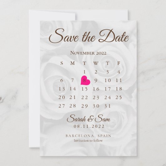 Elegant White ROses Save the Date Calendar Wedding Einladung (Vorderseite)