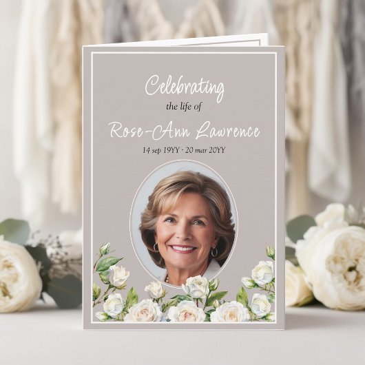 Elegant White Roses Taupe Funeral Folded Programm