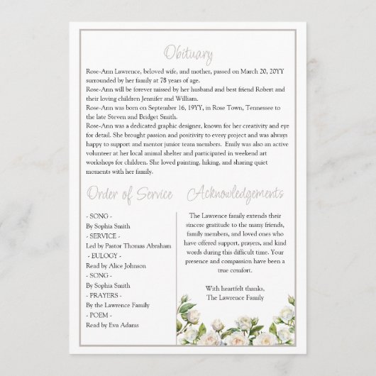 Elegant White Roses Taupe Funeral Folded Programm (Rückseite)
