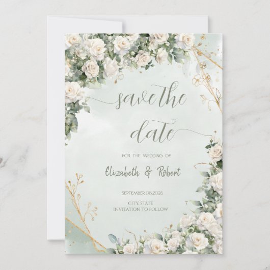 Elegant White Roses Wedding Save The Date (Vorderseite)