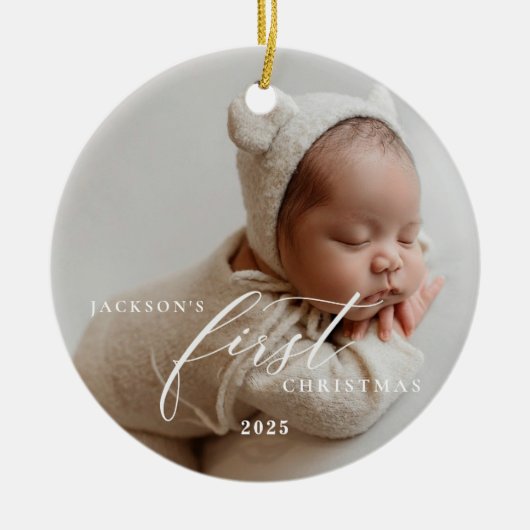 Elegant White Script Baby's First Christmas Photo  Keramik Ornament (Vorne)