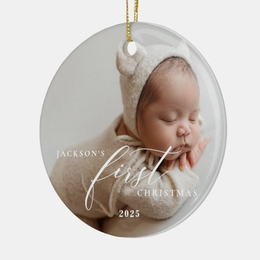 Elegant White Script Baby's First Christmas Photo Keramik Ornament (Links)
