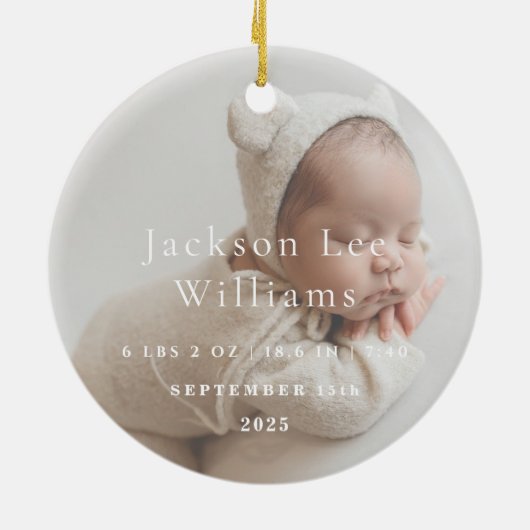 Elegant White Script Baby's First Christmas Photo Keramik Ornament (Hinten)
