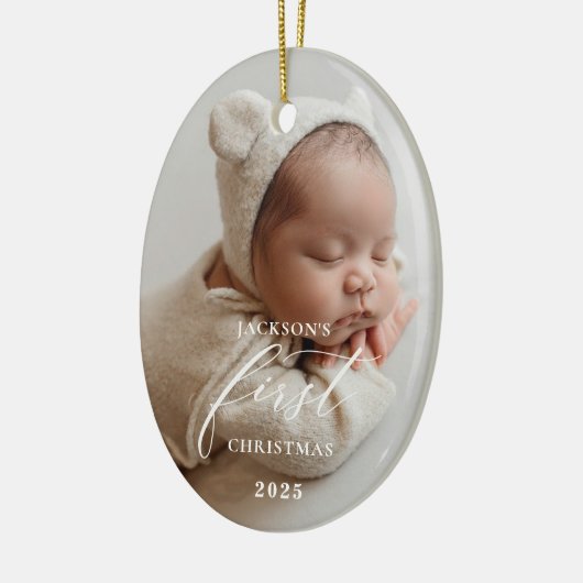Elegant White Script Baby's First Christmas Photo Keramik Ornament (Links)