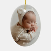 Elegant White Script Baby's First Christmas Photo Keramik Ornament (Vorne)