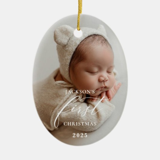 Elegant White Script Baby's First Christmas Photo Keramik Ornament (Vorne)