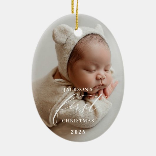 Elegant White Script Baby's First Christmas Photo Keramik Ornament (Hinten)