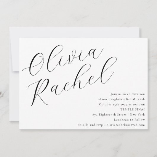 Elegant White Script Calligraphy Bat Mitzvah Einladung (Vorderseite)