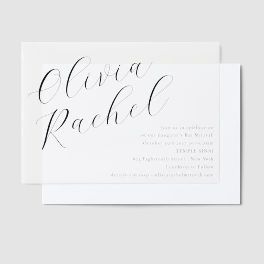 Elegant White Script Calligraphy Bat Mitzvah Pergament Einladungen (Versetzt)