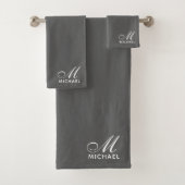 Elegant White Script Initial Monogram Gray Badhandtuch Set (Insitu)