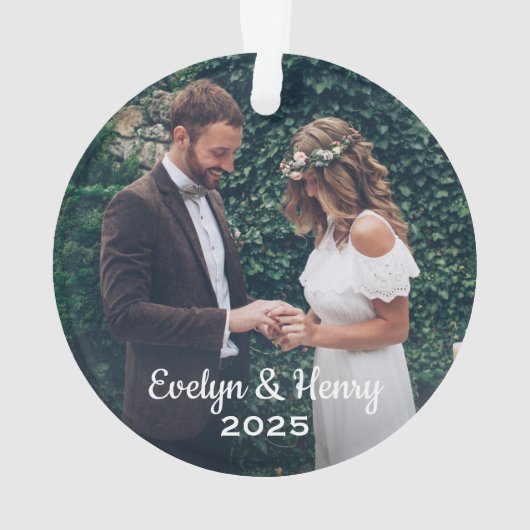 Elegant White Script Wedding Monogram Photo Ornament (Rückseite)