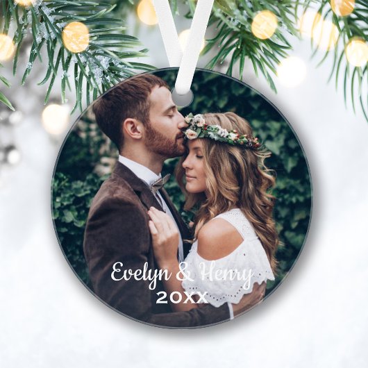 Elegant White Script Wedding Monogram Photo Ornament