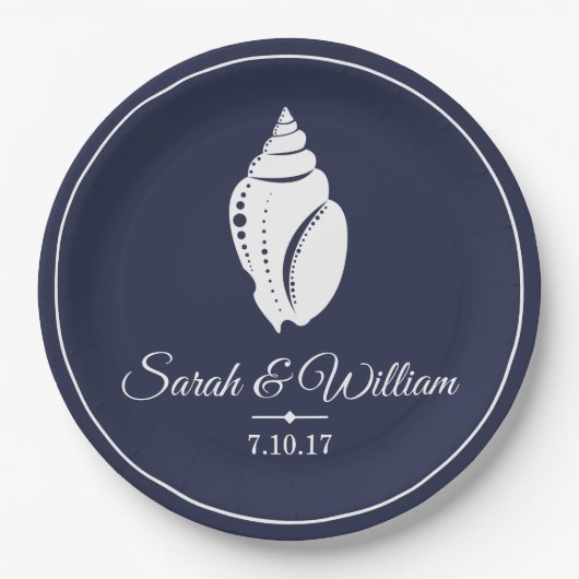 Elegant White Seashell & Navy Blue | PERSONALISIER Pappteller (Vorderseite)