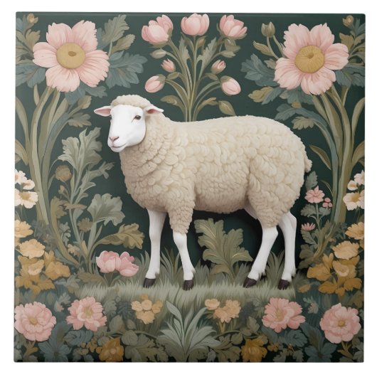 Elegant White Sheep William Morris Inspiriert Fliese (Vorderseite)
