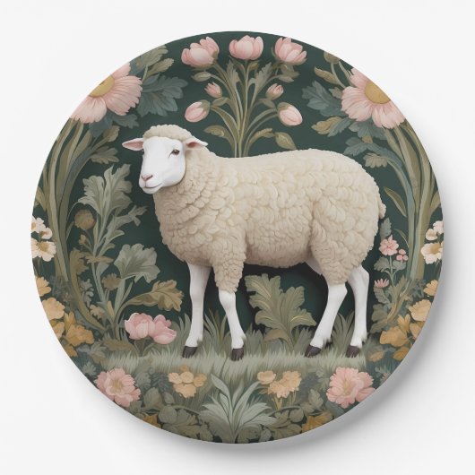 Elegant White Sheep William Morris Inspiriert Pappteller (Vorderseite)
