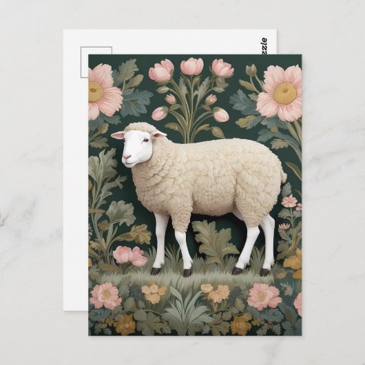 Elegant White Sheep William Morris Inspiriert Postkarte (Vorne/Hinten)