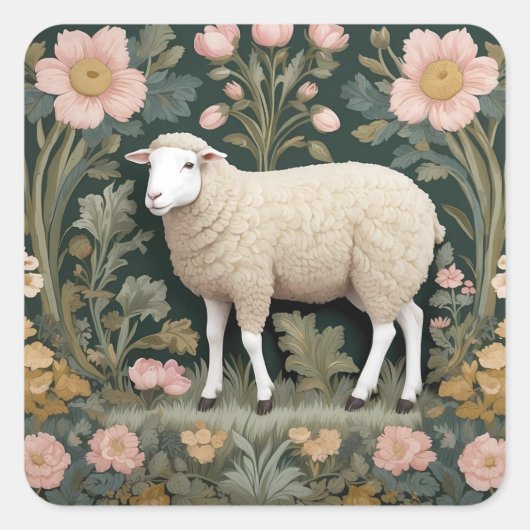 Elegant White Sheep William Morris Inspiriert Quadratischer Aufkleber (Vorderseite)
