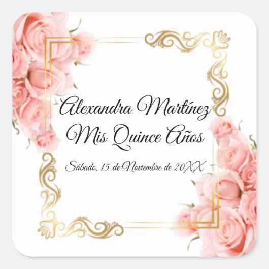 Elegant White Simple Pink Rose Gold Quinceñera Quadratischer Aufkleber (Vorderseite)