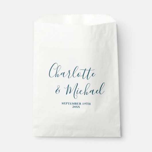 Elegant White & Teal Script Minimalist Wedding Geschenktütchen (Vorderseite)
